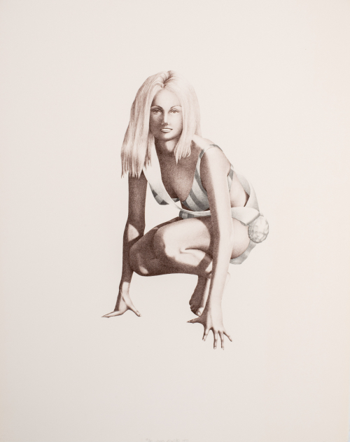 girl wearing bikini with long light colored hair in crouching position; fingertips touching ground in plain white plane