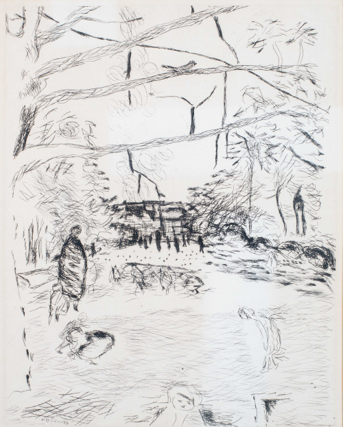 Black and white loose sketchy depiction of a forested park with figures scattered about.