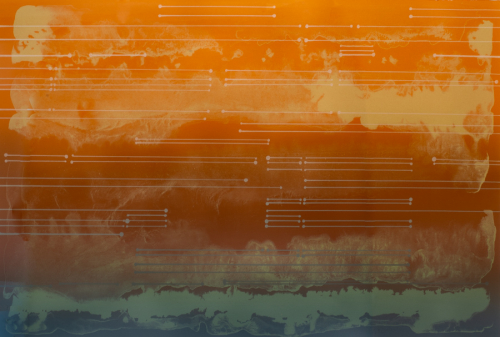Background has horizontal colors orange to blue; foreground has horizontal lines ending in solid circles--also varying in color