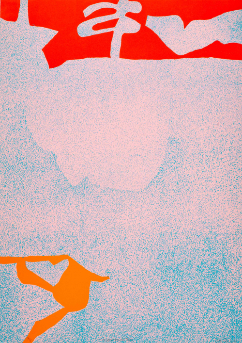 Pink background covered with small blue marks; on top a thick red stripe covers parts of background and orange on bottom left