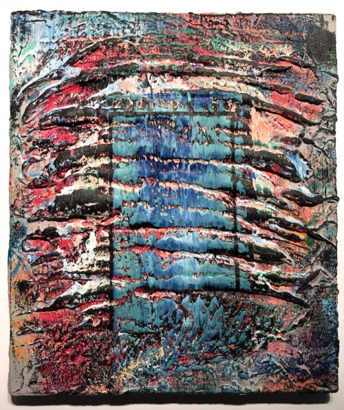 A painting with deep impasto and sgraffito in the colors of blue, red, green, black, and white.