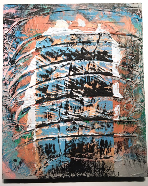 A painting with deep impasto and sgraffito in the colors of blue, orange, green, black, and white.