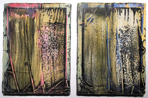 A diptych with impasto, and each panel’s focus is a central rectangle.