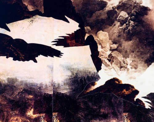 half is glossy avalanche scene; LL half is matte mountain scene cut to form negative images of flying birds.  Colors are neutral