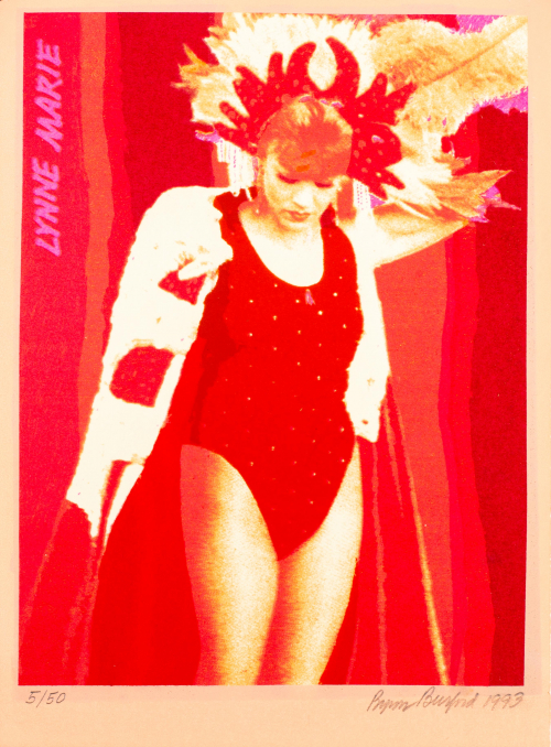  photo-based image made up entirely of reds and pinks, which features a female in leotard, cape, and feathered headdress