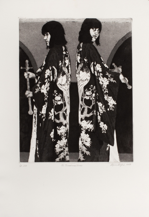 Full-length black and white profile of two people in kimonos with swords