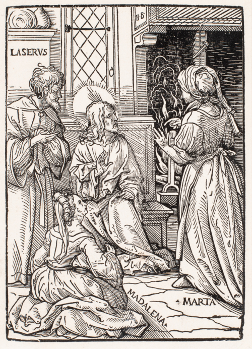black and white illustration of an interior scene with Christ in center, surrounded by three figures labeled in Latin