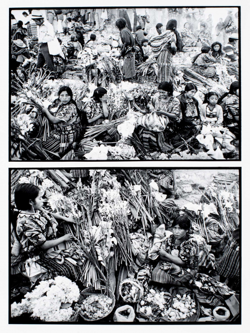 Two images-arranged vertically-of native people selling flowers.