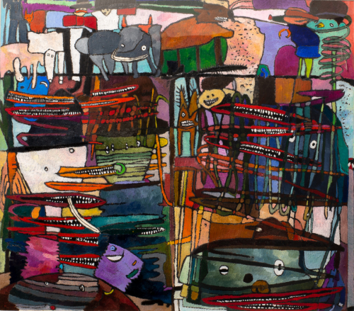 Horizontal work, with many abstract people and animals; wide, flattened mouths with teeth showing are scattered throughout 