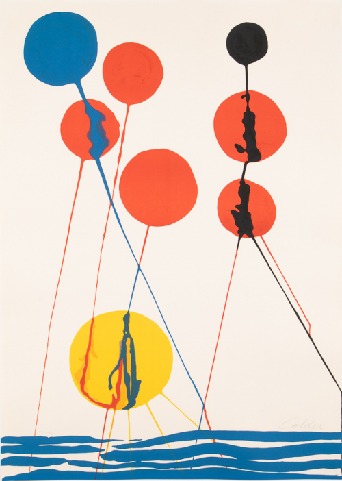 Blue, red, black and yellow balloon-like objects above blue wavy lines, appear to be squirting paint at each other