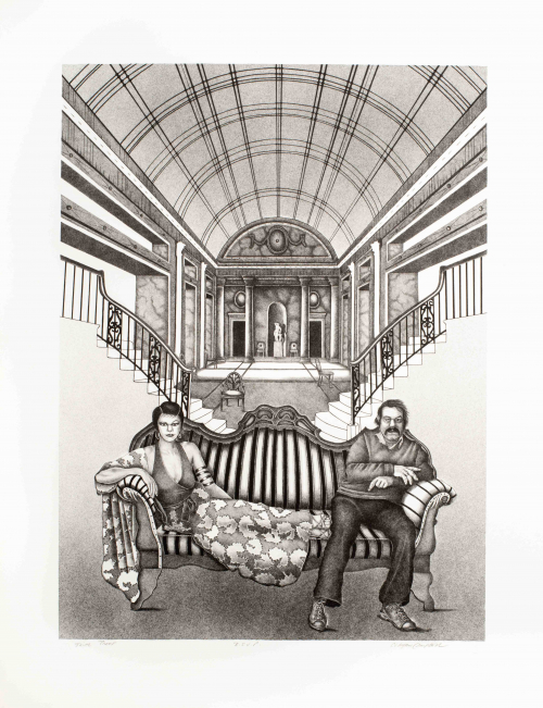 Black and white, male and female sitting on a couch in a room resembling a grand hallway with staircases, chairs, and statue