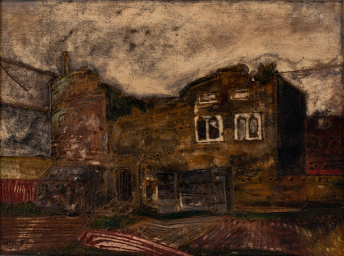 Horizontal painting of a building with very textured streets and outlines of the building; gray, worm hole, shadow-box frame