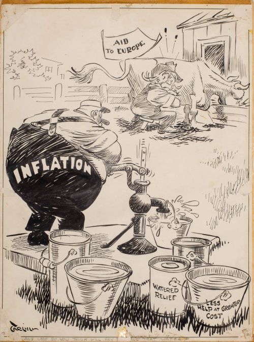 Cartoon-like image; A farmer milking his cow looks behind him at a bloated farmer with the word "Inflation" written on him