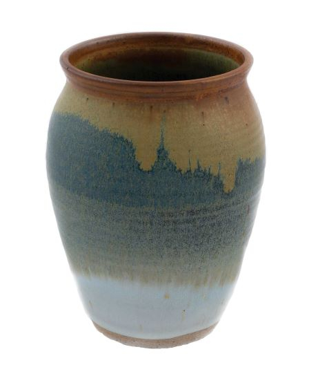  wide mouthed vase glazed in uneven bands of beige, blue-green, and white, predominantly blue-green inside.