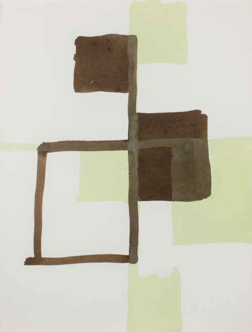 Geometric abstraction of gestural painted squares. Colors are deep brown and a light green on a white ground.