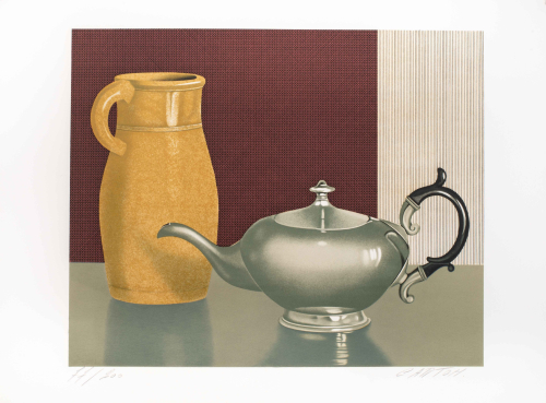 A brown pitcher and metallic teapot on grey countertop; maroon wallpaper-like background; nine plates and nine colors