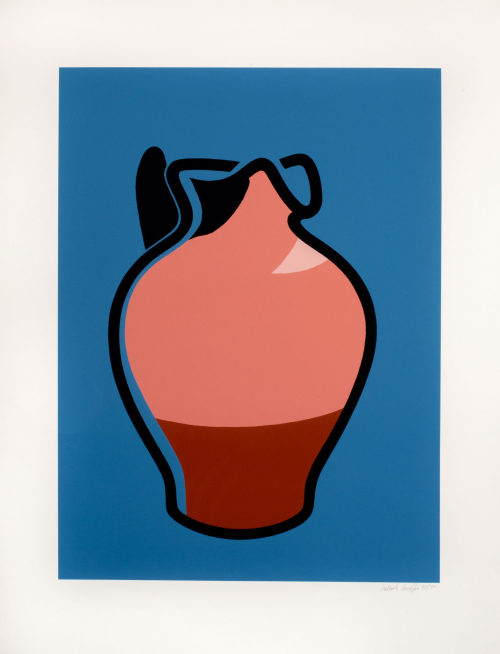 Blue background with jug outlined in black; top 2/3 peach colored; bottom 1/3 brown colored