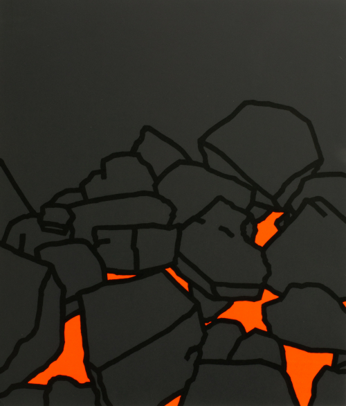 Background: top half black; bottom half orange and black; outlined coal-like shaped objects appear to cover orange background