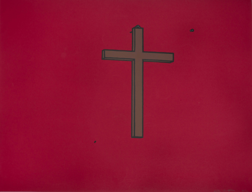 Red background with brown crucifix outlined in black just right of center