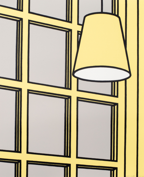 Grey background with yellow window  frame like rectangles and a yellow, lampshade like cylinder appearing to be hanging