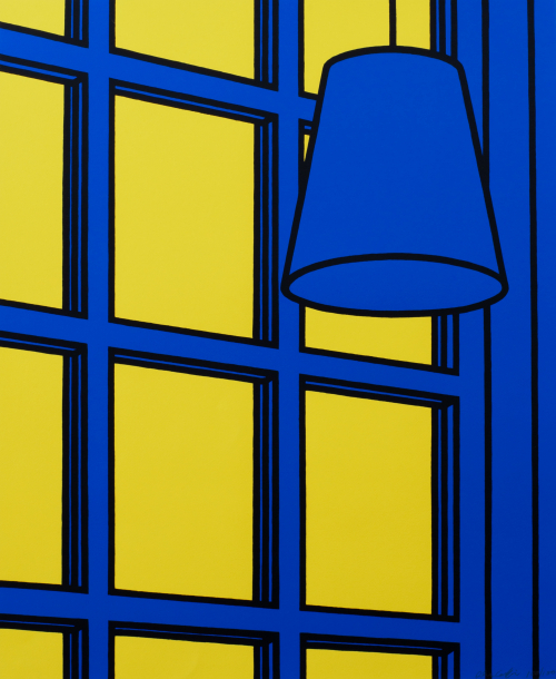 A simplified depiction of blue room with a handing lamp in front of a window with bright yellow light coming in.