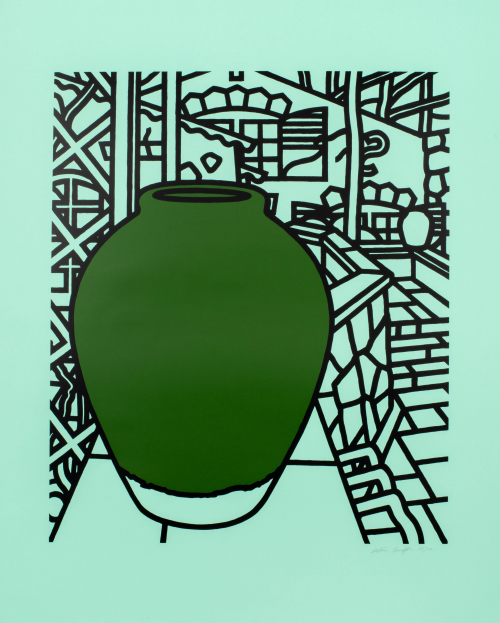 Light-green background with dark-green jar outlined in black  surrounding the jar are various geometric shapes outlined in black