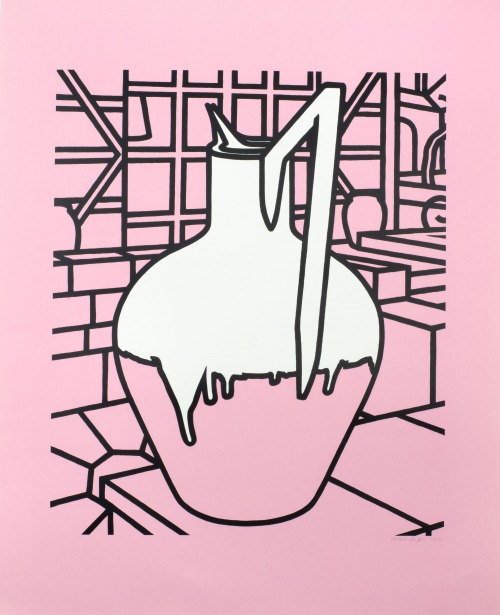 Pink background with jug outlined in black: half white and half pink; surrounded by black lines creating geometric shapes