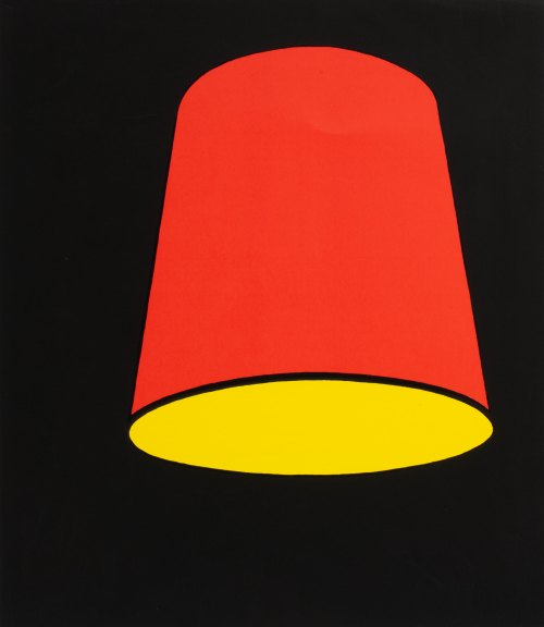 Black background with red and yellow lamp shade-like cylinder
