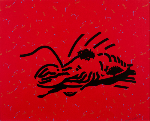 Red background with lobster-like figure outlined in black
