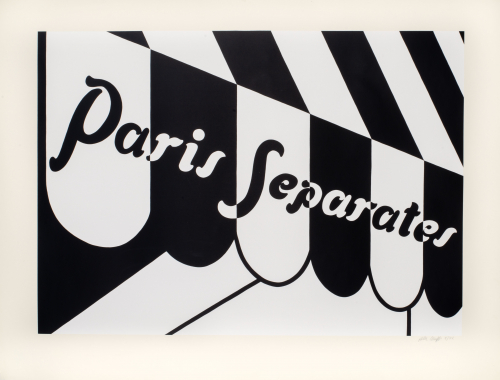 Black and white letters, "Paris Separates," appear on black and white canvas awning-like object