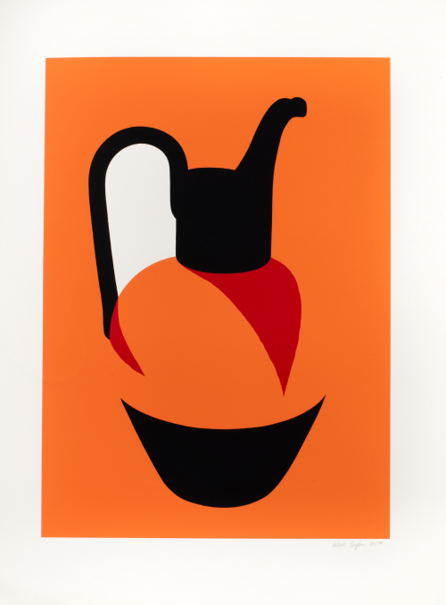 Orange background with a pitcher outlined in black with two red detail areas and a handle contrasted by white