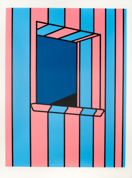 Blue and pink striped wall with a window