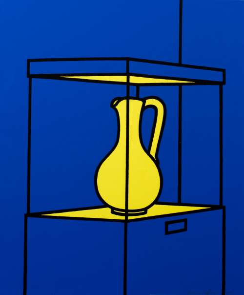 A simplified depiction of a vase in a yellow lit case in a blue room.