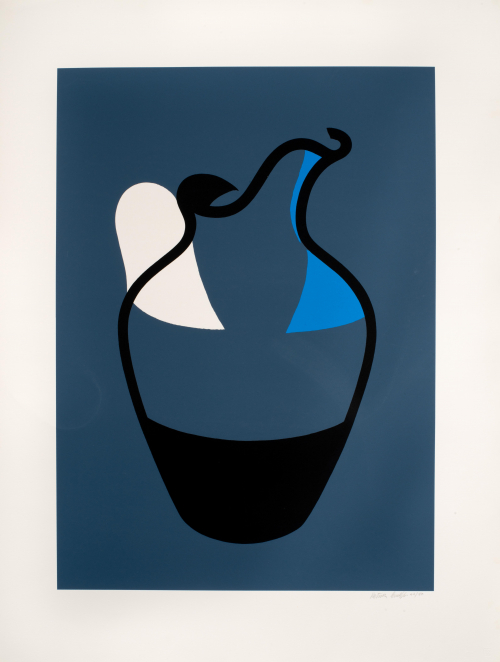 Greyish-blue background with jug outlined in black