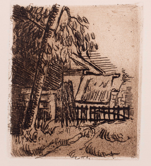 House with picket fence; tree trunk on left side; sketchy grass in foreground