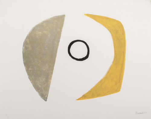 A black ring in the center; to the left, a grey, half moon; to the right, a yellow crescent shape