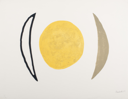 Yellow, full moon in center; two crescent shapes to the left and right
