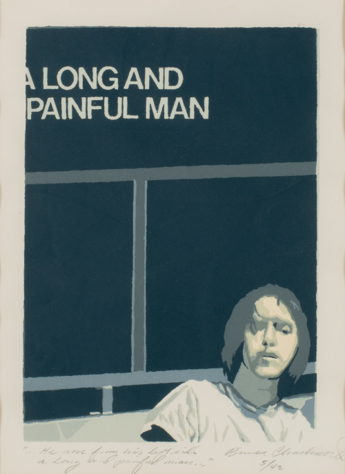 Monochromatic gray-blue image of a long-haired man from chest to head, with the words, "A Long and Painful Man" 