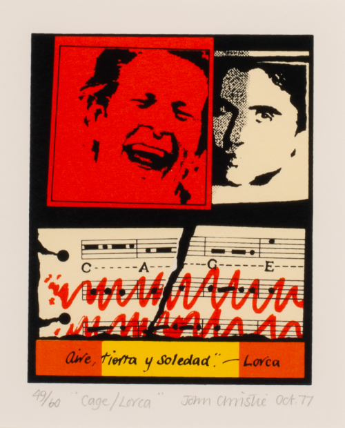 Two faces in red, black and white above a musical score