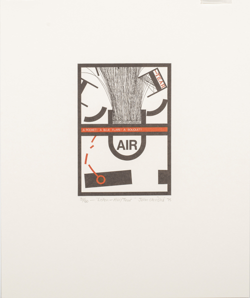 Red, black and white print with geometric forms and the words "air tear"