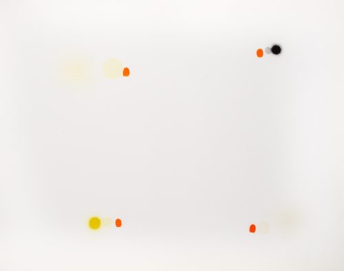 Four groups of three multicolored, circle-like splotches spaced out on white paper