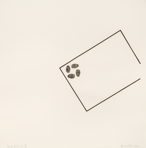 Rectangle-like embossment outlined in black on right side of print; four fingerprints in black ink in corner of rectangle