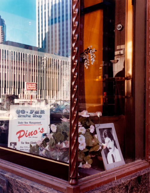 "Go-fer" store window, with large buildings reflected in the glass; flowers, photograph of a man and sign for smoke shop