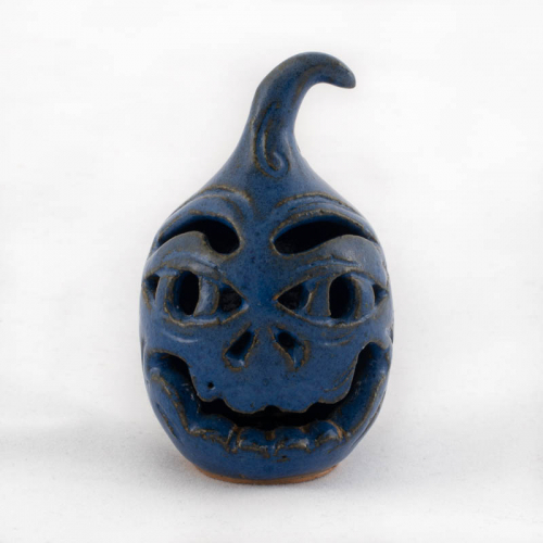 tiny blue jack-o-lantern (face jug) with tall stem