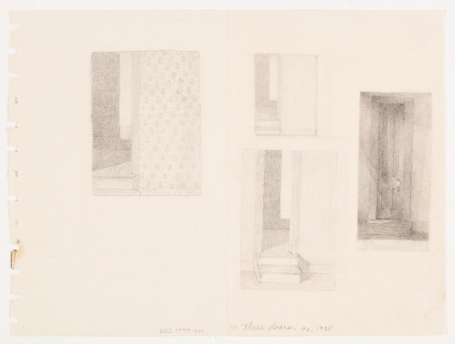 three realistically rendered shaded pencil drawings, each of a room with a half-opened door, leading upstairs