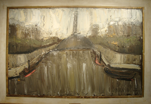 An abstract landscape of boats on a waterway