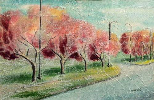 Depiction of a daytime tree-lined street with intervals of streetlights. The trees are in bloom in colors of red and pink.