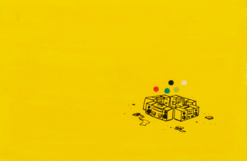 on yellow background a drawing of 4 boomboxes, faces out, arranged in a square with detritus five colored circles near