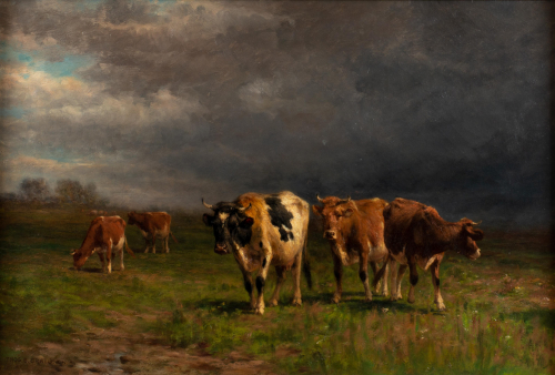 Pastoral landscape with cows and dark gray clouds