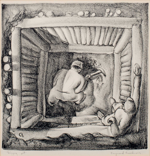 aerial depiction of two figures digging in a hole